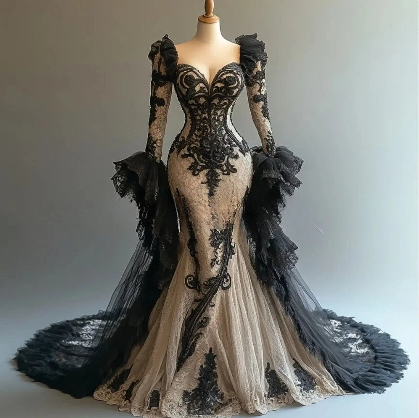 Fantasy Gothic Victorian Prom Dress Black Lace Tulle Long Sleeve Mermaid Evening
