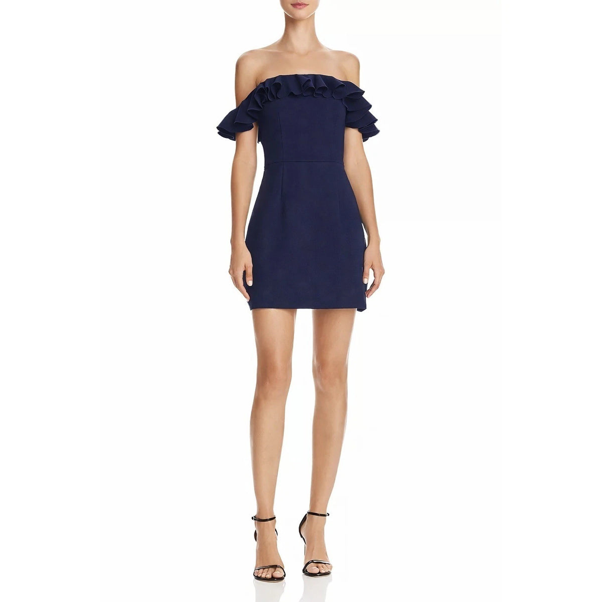French Connection Whisper Light Dress Navy Off Shoulder Ruffle Mini