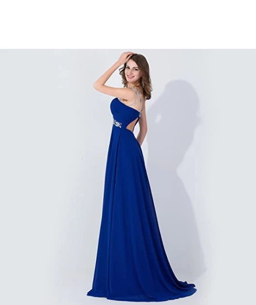 New Sexy Backless Beaded Chiffon Long Evening Gown 2026 Prom Dress Navy