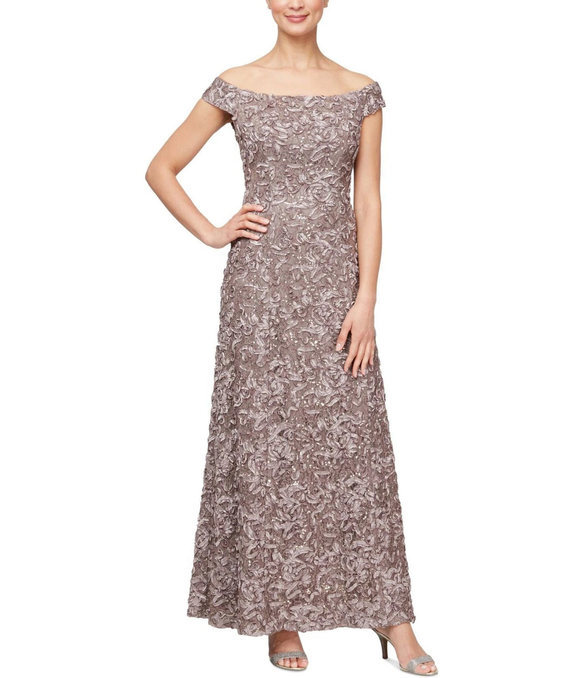 Alex Evenings Womens Lace Off-Shoulder Gown Dress, Purple, 6